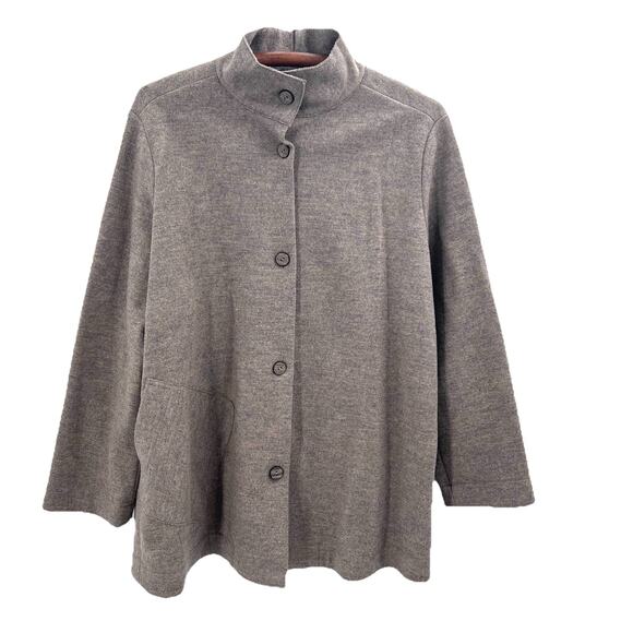 Custom Designed Gray Tan 100% Wool Funnel Neck Sweater Jacket Womens Size XL - Picture 1 of 6